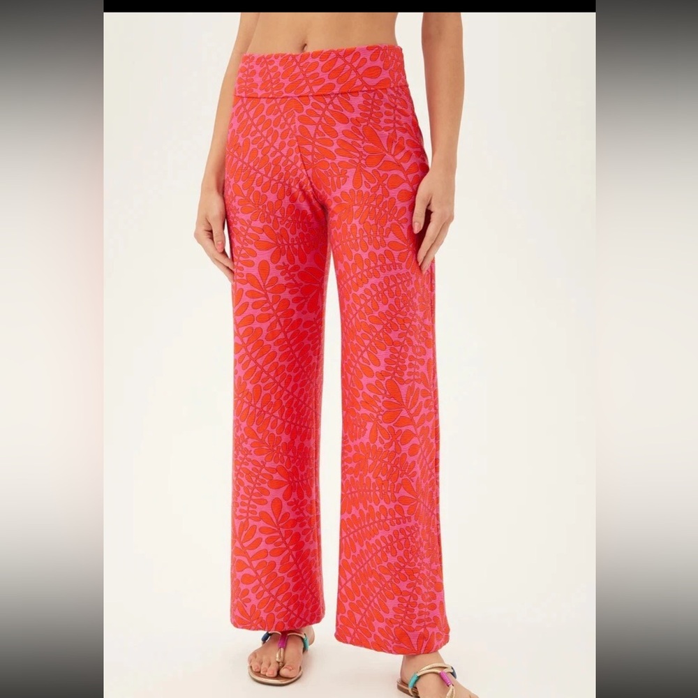 Trina Turk Trellis Swim Pants Large NWOT Pink Orange Fold Over Waist Stretch